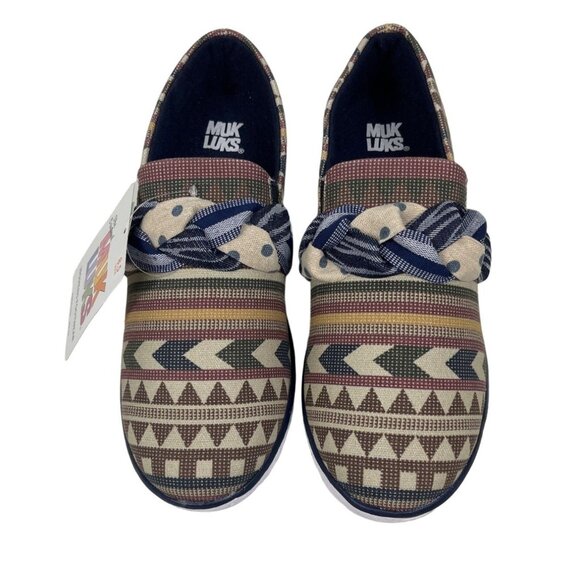 Muk Luks Beige Geometric Boardwalk Stroll Slip-On Sneaker Loafer Size 8.5 Aztec - Picture 2 of 10